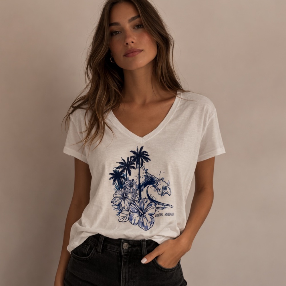 Del Sol Color Change Tropical Graphic T-Shirt White Beach Palm Tree Tee Size L